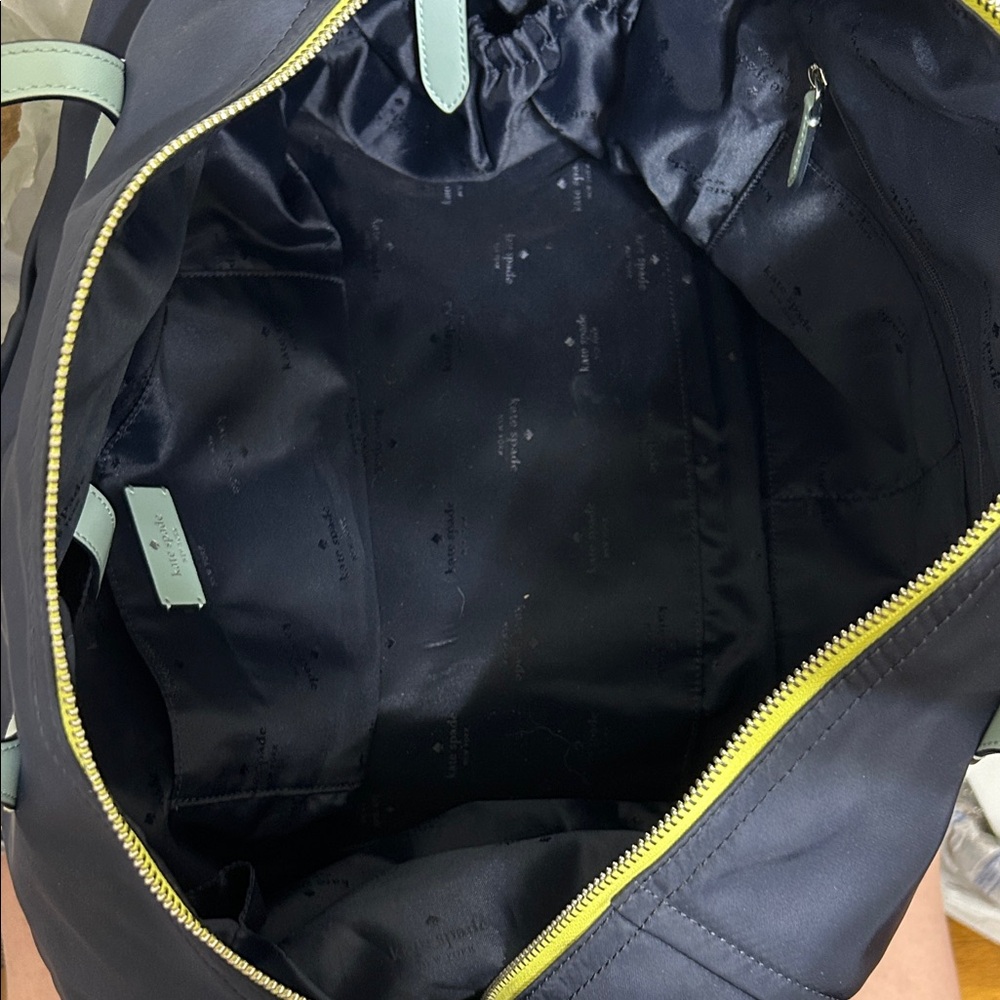 kate spade nylon weekender bag in navy w/ light blue handles and yellow accents - Picture 4 of 8